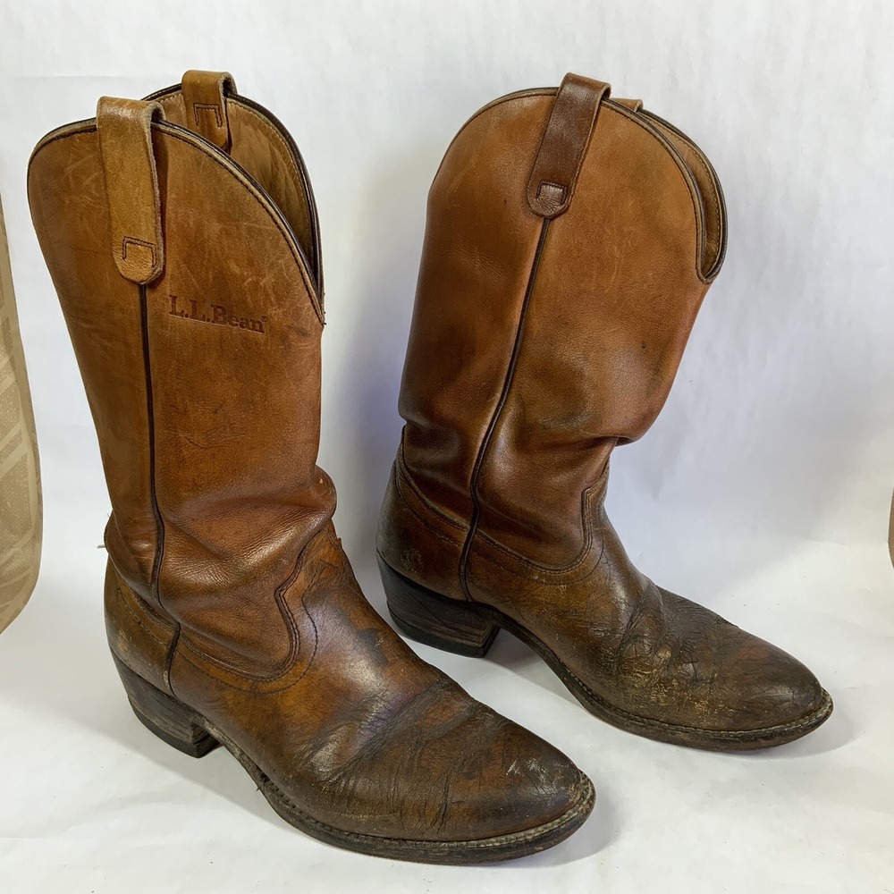 Vintage LL BEAN‎ Boots Mens 8.5 D Brown Leather Roper Rodeo Cowboy Western READ